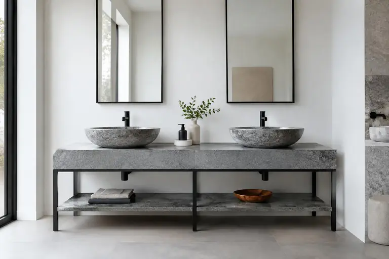 Salle de bain d'exposition, plan double vasque en granit flammé